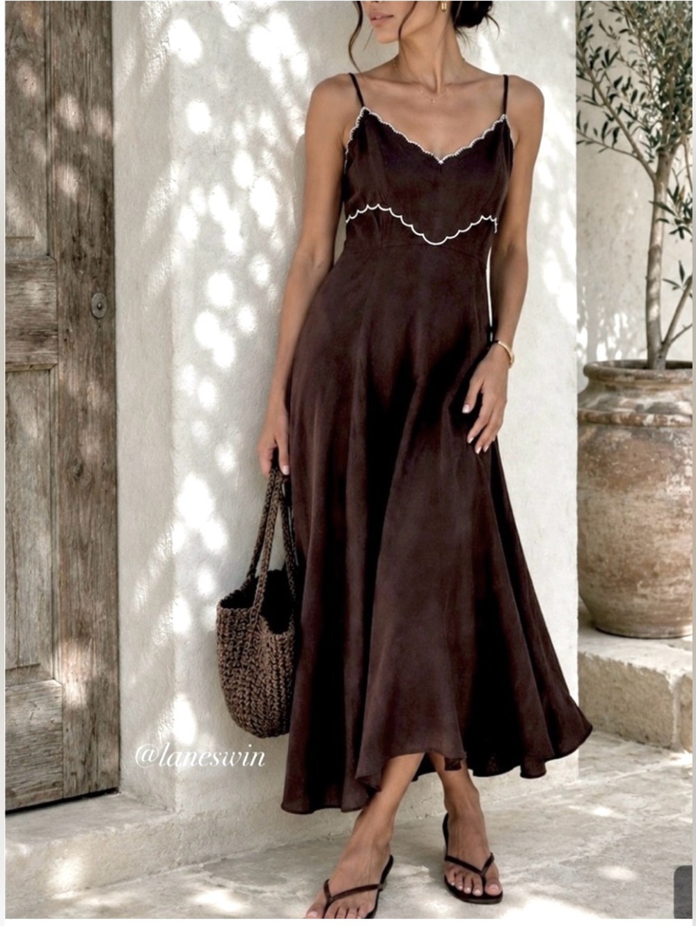 Caroline Constas Linen maxi spaghetti straps summer dress brown size S
